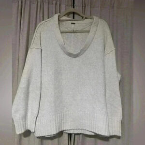 Free People White Oversized Knit Sweater, Size S, Cozy V-Neck, Soft Cotton Blend